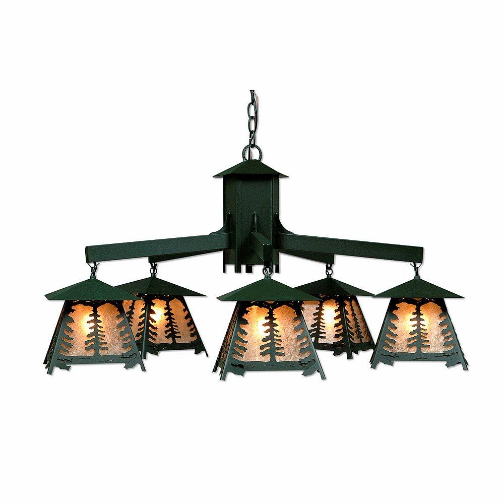 Smoky Mountain 5 Light Chandelier - Spruce Tree - Almond Mica Shade - Forest Green / Cedar Green