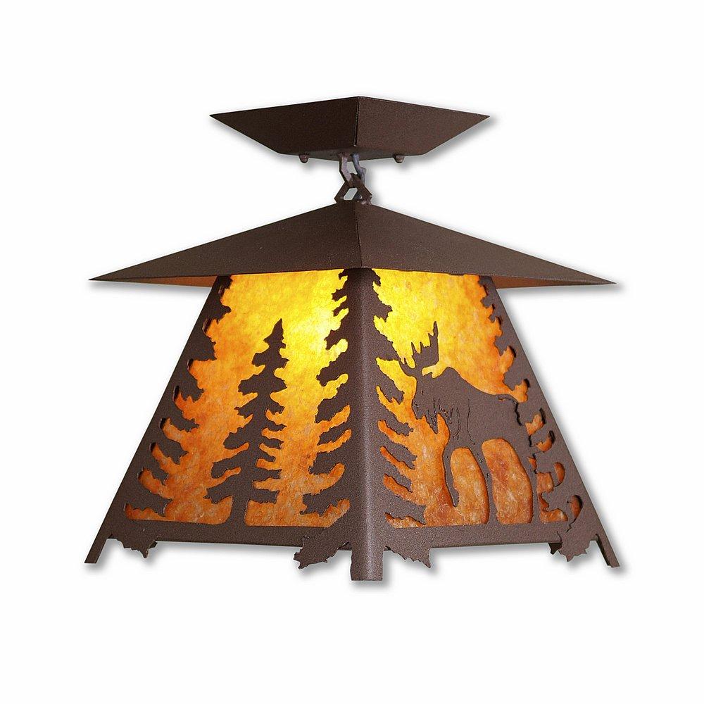 Smoky Mountain Close-to-Ceiling Large - Mountain Moose - Amber Mica Shade - Rustic Brown Finish