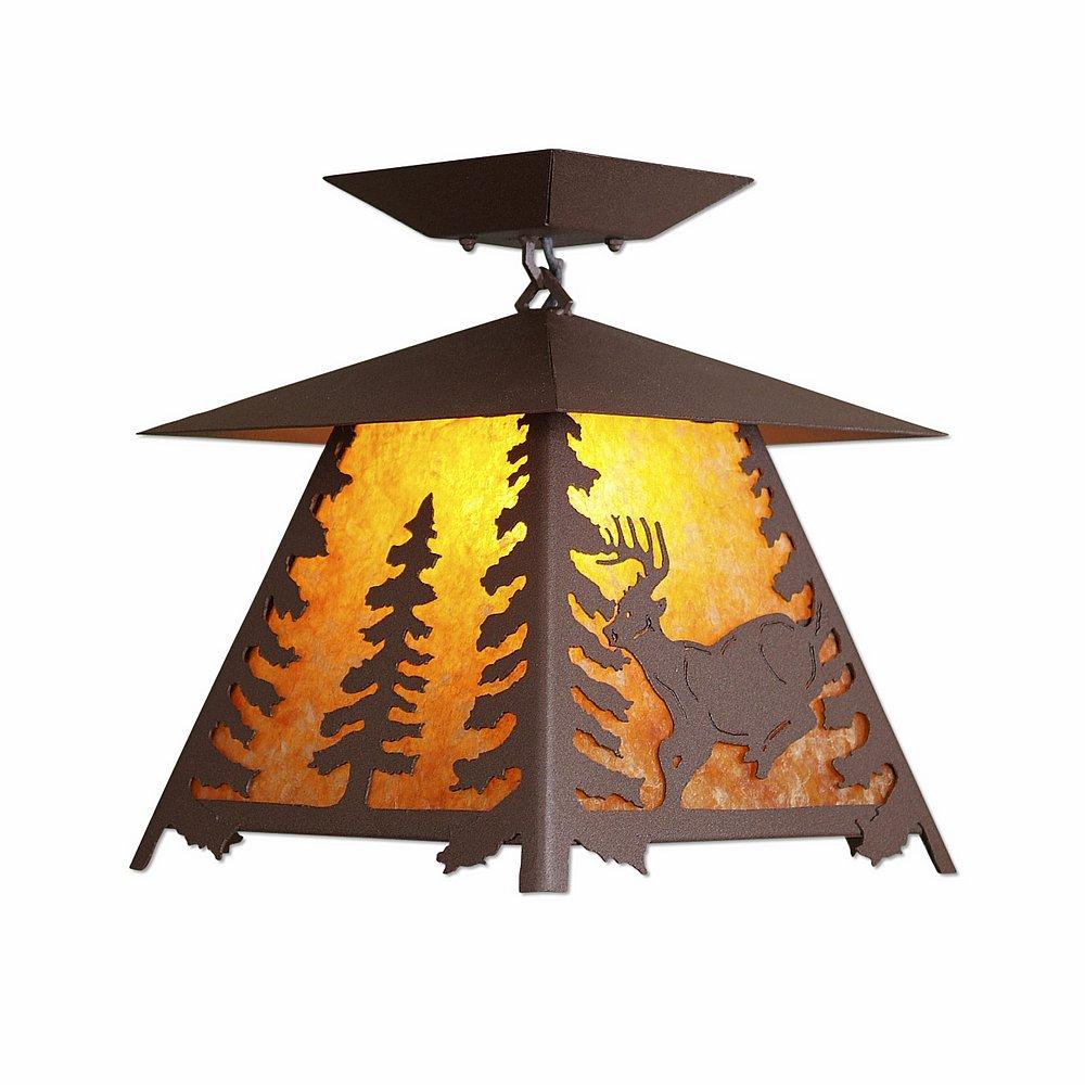 Smoky Mountain Close-to-Ceiling Large - Mountain Deer - Amber Mica Shade - Rustic Brown Finish