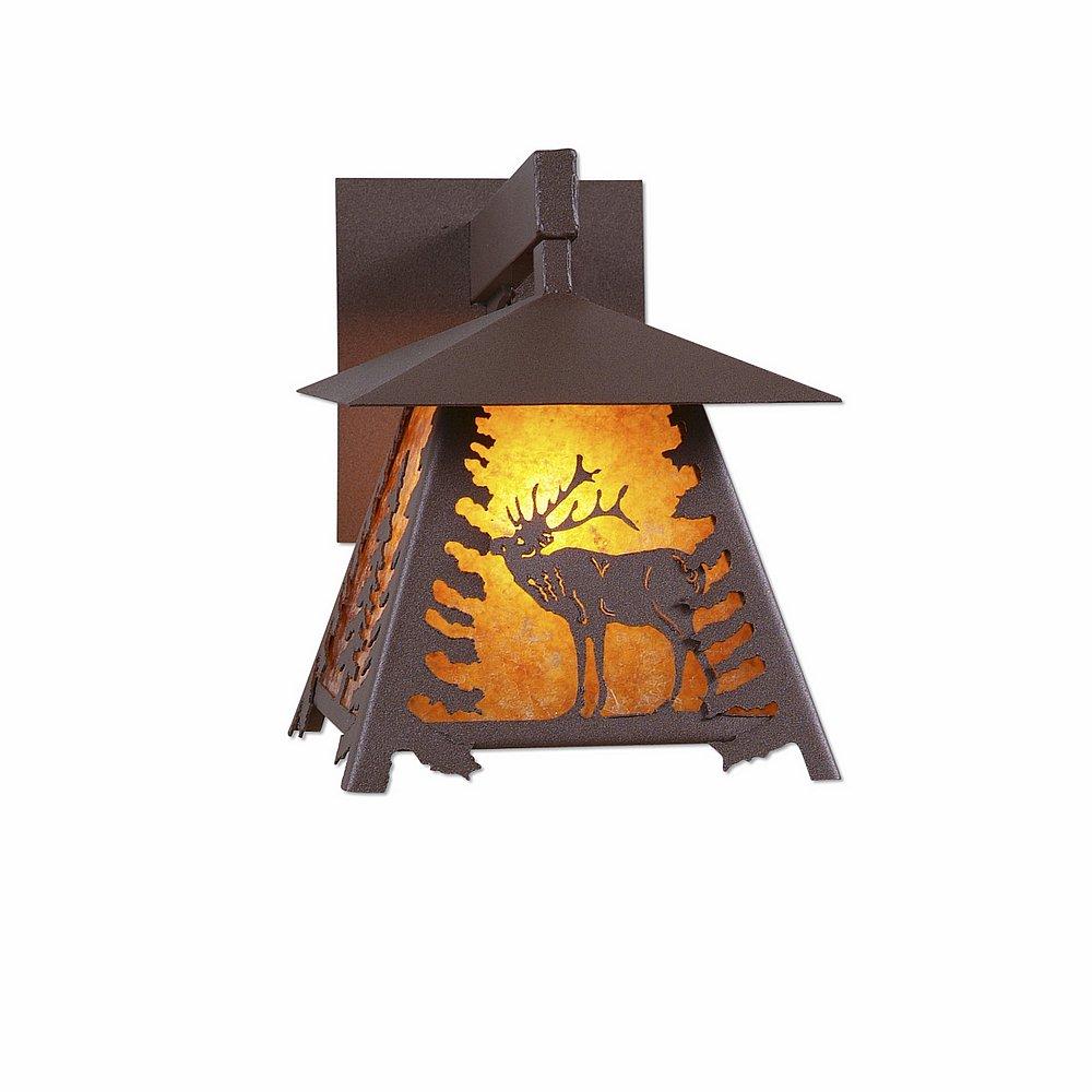 Smoky Mountain Sconce Small - Mountain Elk - Amber Mica Shade - Rustic Brown Finish