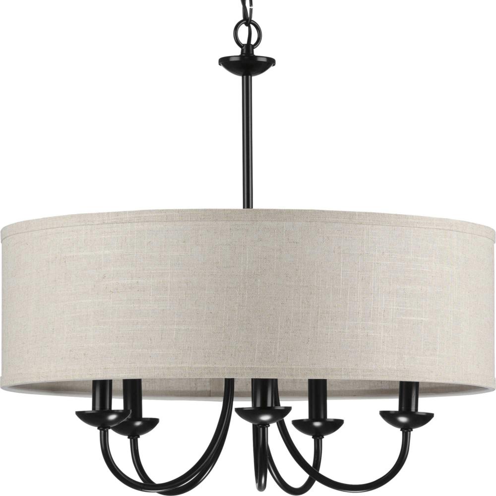 Drum Shade Collection Five-Light Matte Black Harvest Linen Shade Farmhouse Chandelier Light