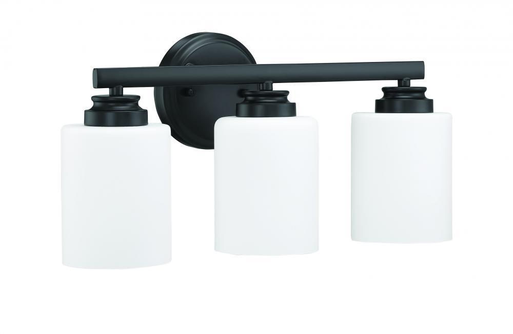 Bolden 3 Light Vanity in Flat Black (White Glass)