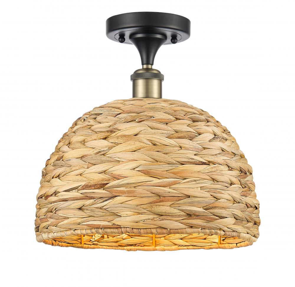 Woven Rattan - 1 Light - 12 inch - Black Antique Brass - Semi-Flush Mount