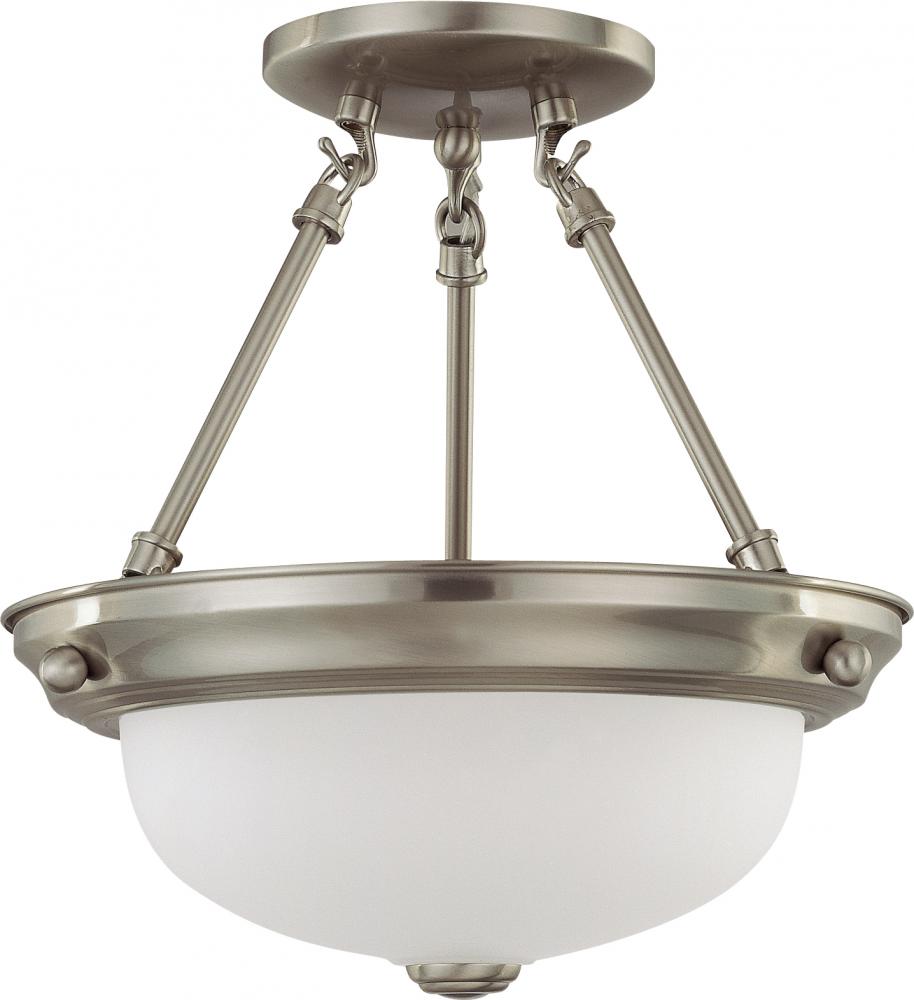 2 Light - Semi Flush with Frosted White Glass - Brushed Nickel Finish