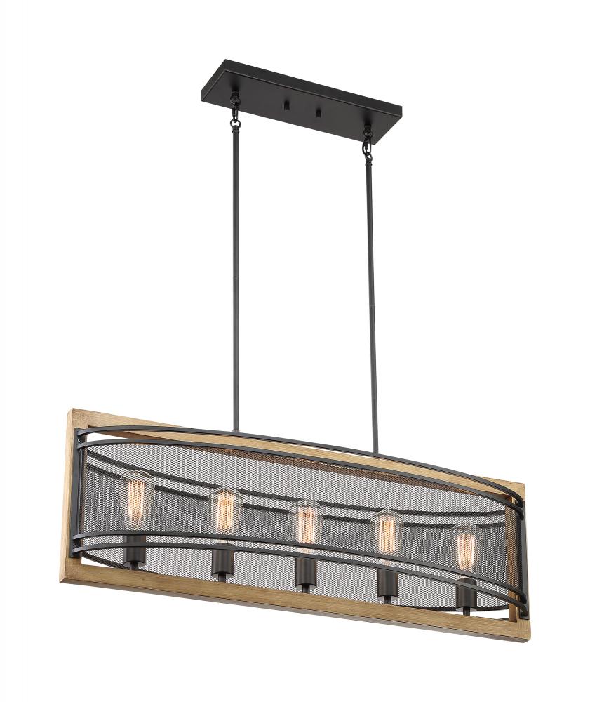 Atelier - 5 Light Island Pendant with- Black and Honey Wood Finish