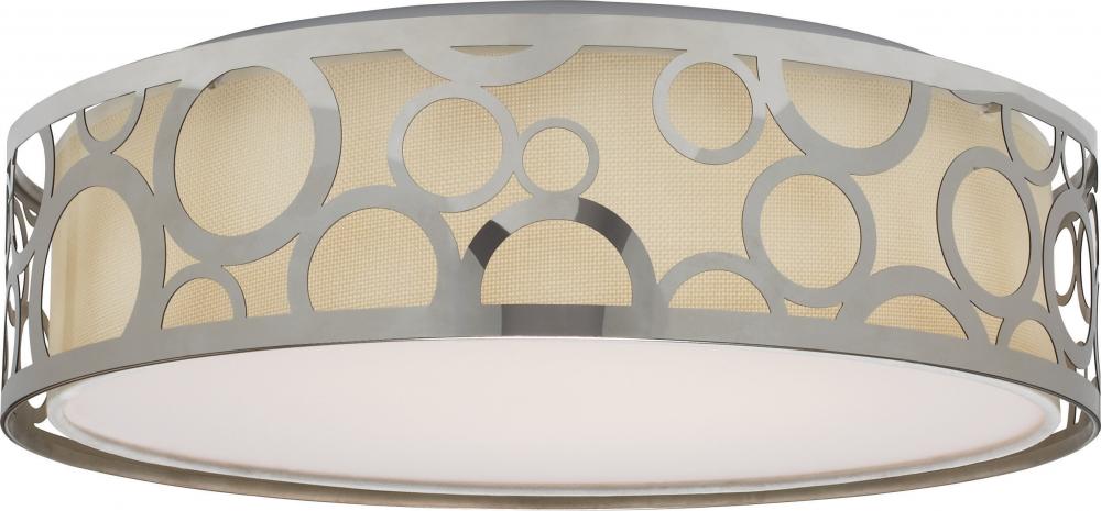 LED Decor - 15&#34; Filigree Flush with White Fabric Shade - Polished Nickel Finish