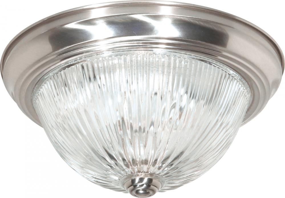 2 Light - 13&#34; Flush with Ribbed Glass - Brushed Nickel Finish