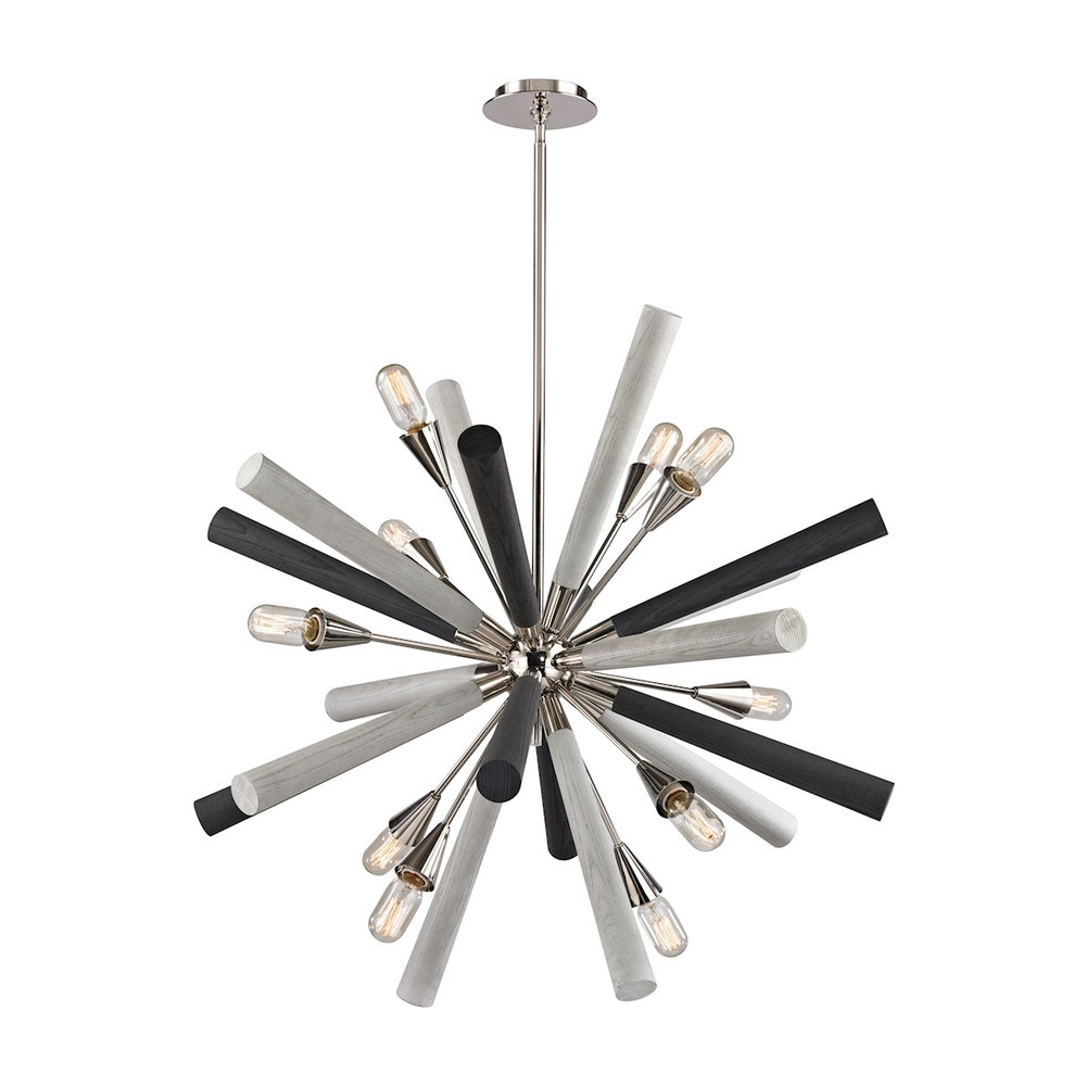 Solara 10-Light Chandelier in Polished Nickel with Washed Grey Wood-tone Spindles